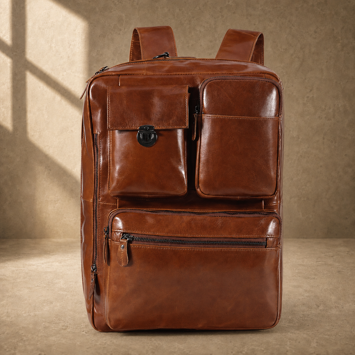 Brown leather convertible laptop bag in backpack mode, front view