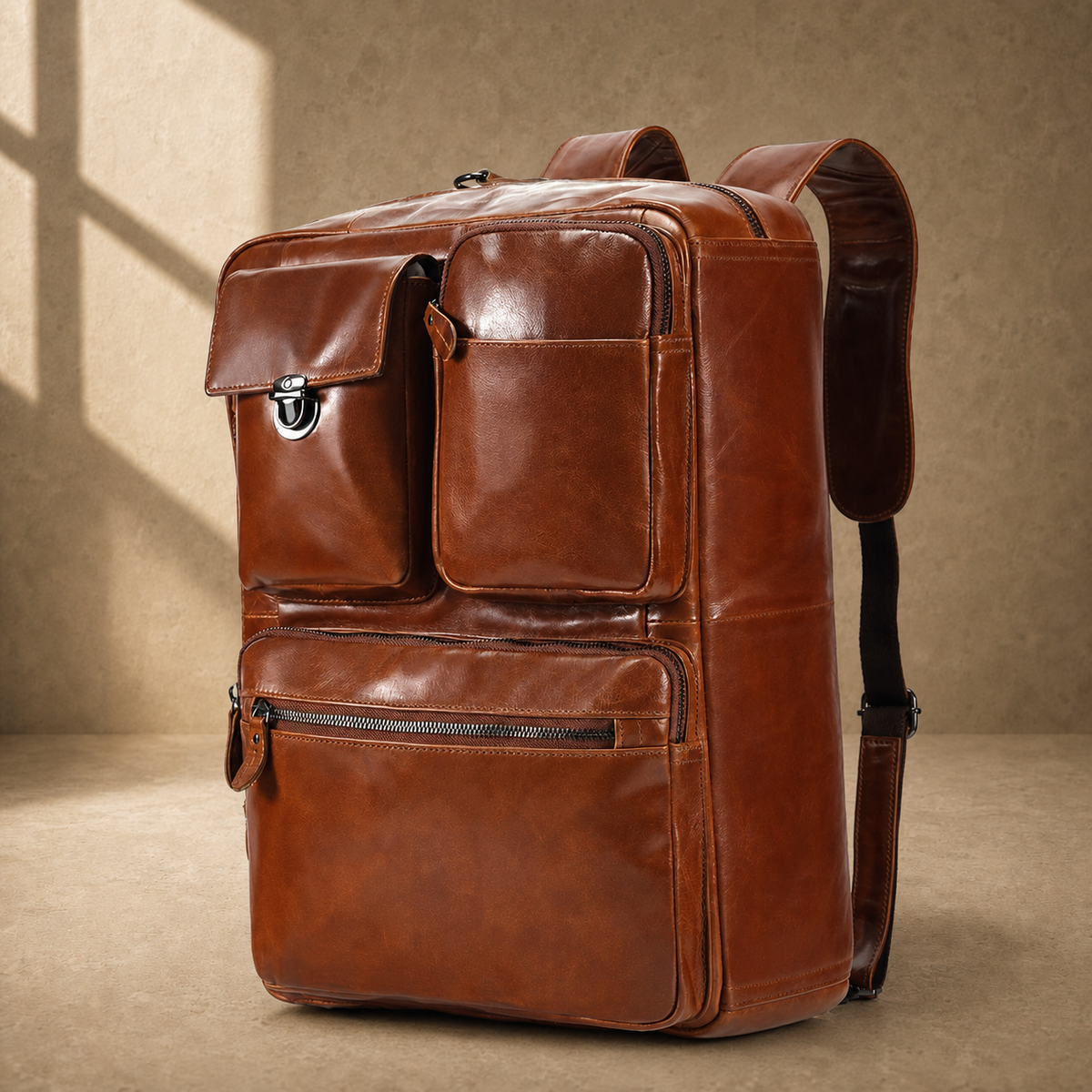 Brown leather convertible laptop bag in backpack mode, angled view