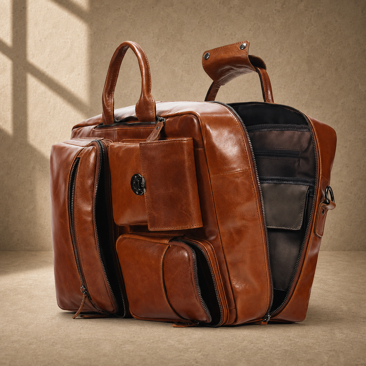 Brown leather convertible laptop bag showing open compartments