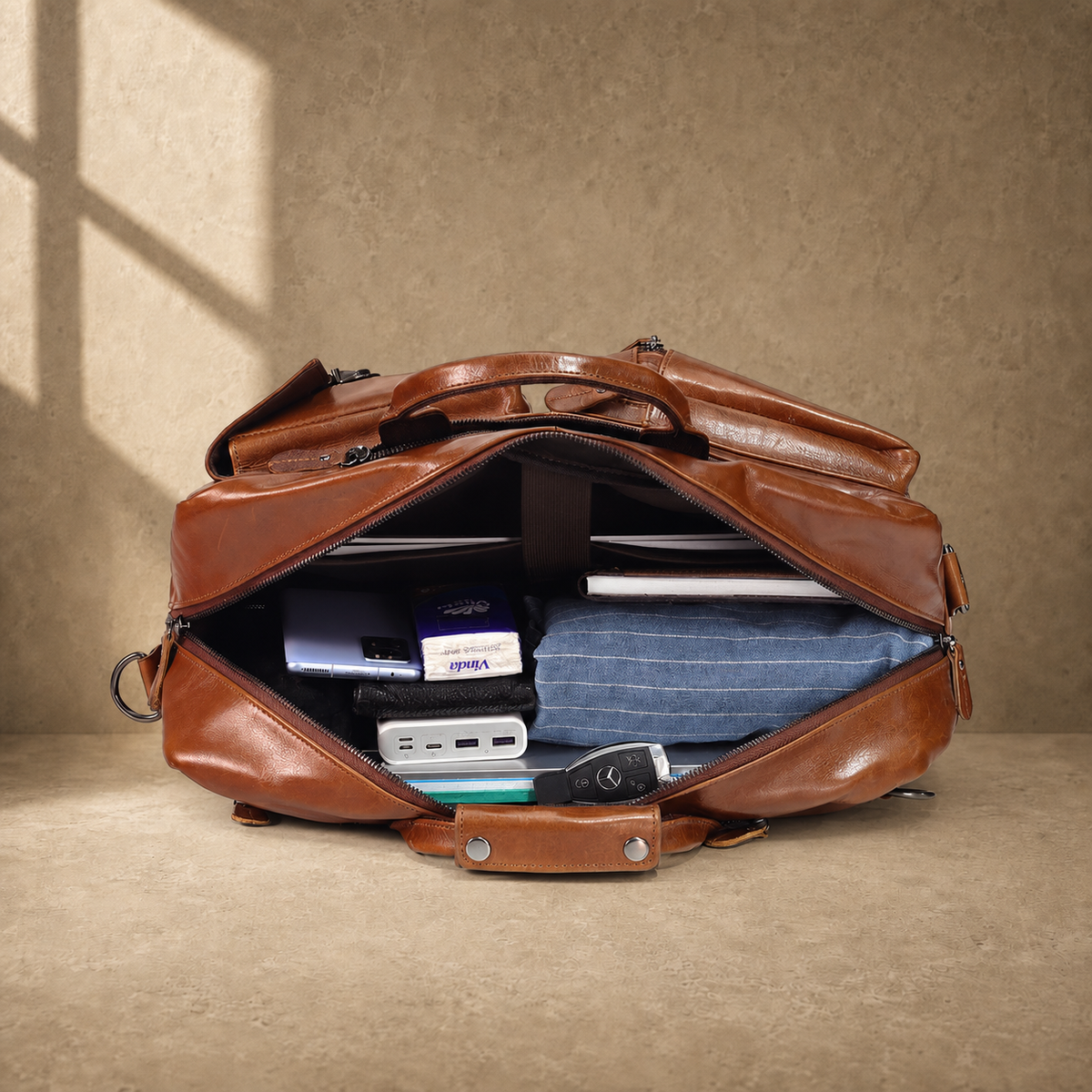 Brown leather convertible laptop bag, packed interior capacity