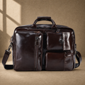 Coffee leather convertible briefcase front view with shoulder strap