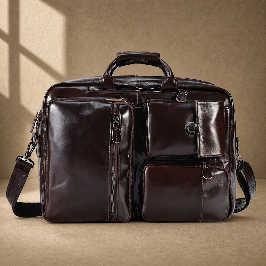 Coffee leather convertible briefcase front view with shoulder strap