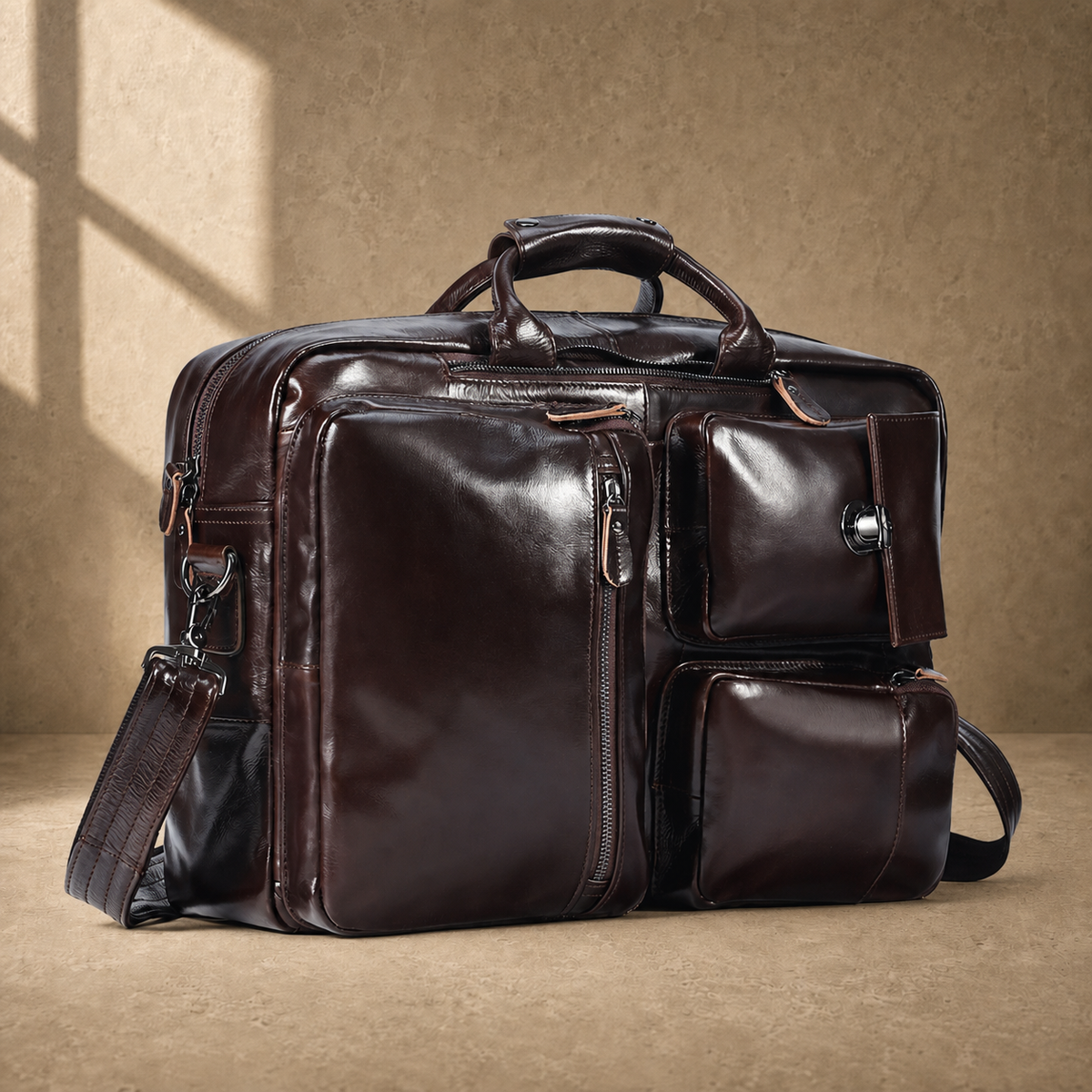 Coffee leather convertible briefcase three-quarter front view