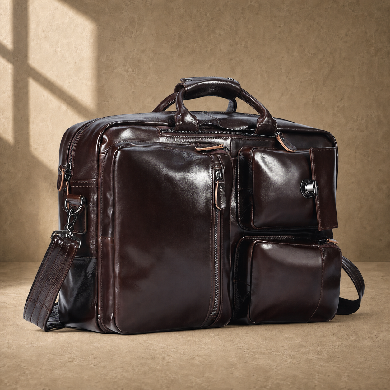 Coffee leather convertible briefcase three-quarter front view