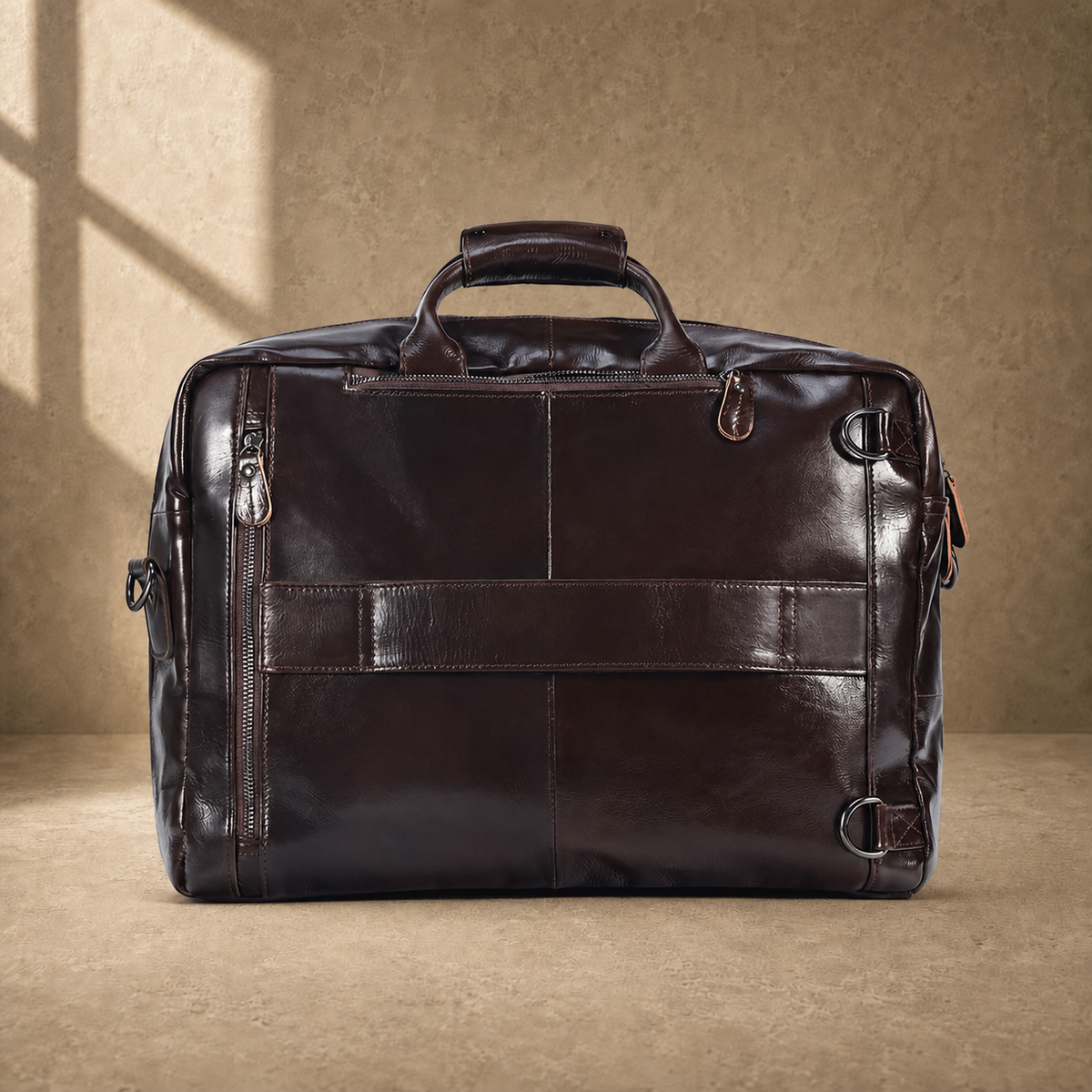 Coffee leather convertible briefcase rear view