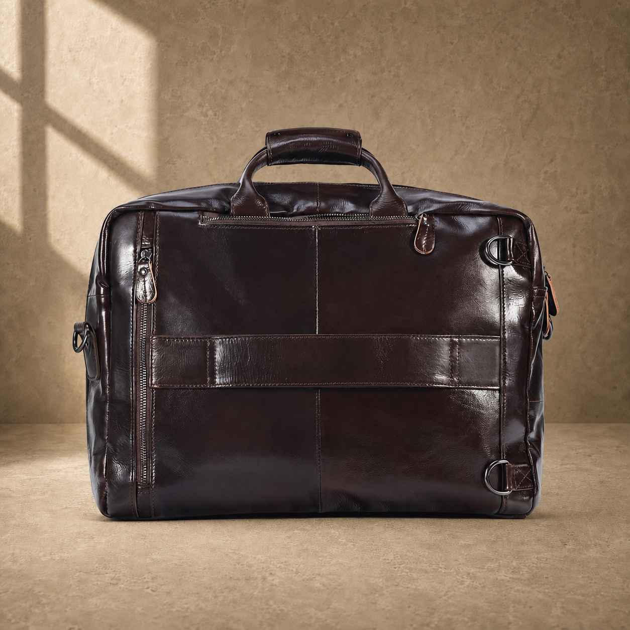 Coffee leather convertible briefcase rear view