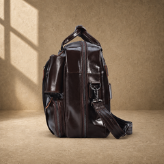 Coffee leather convertible briefcase side profile with strap