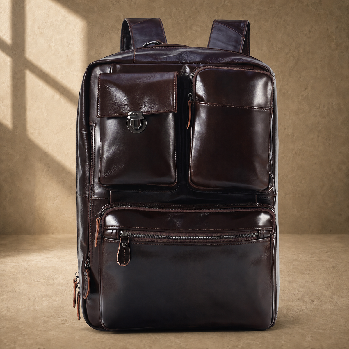 Coffee leather convertible briefcase in backpack front configuration