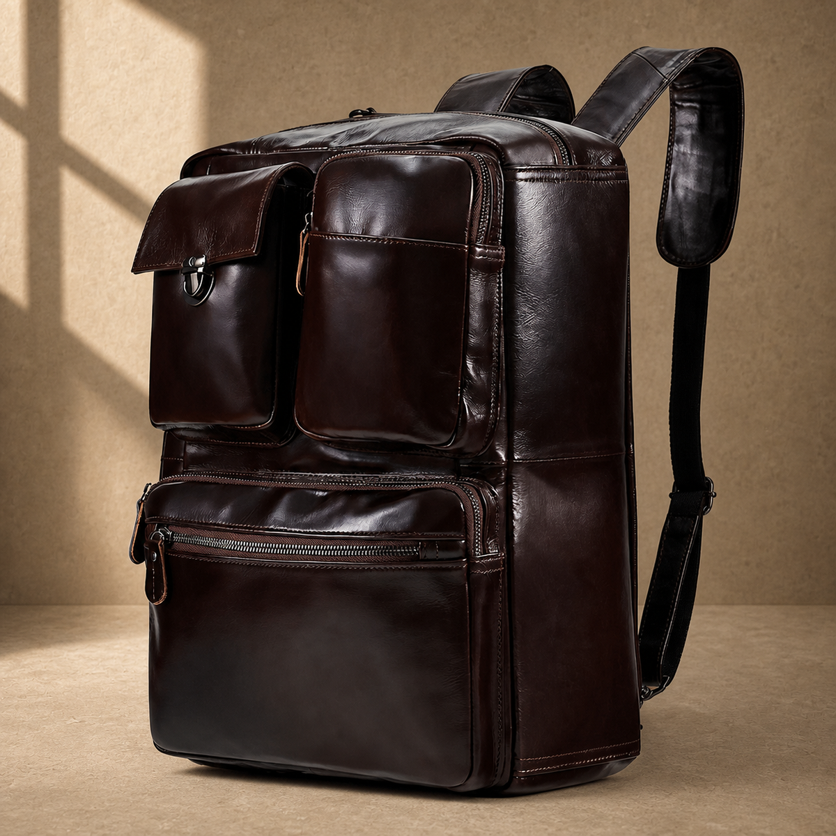 Coffee leather convertible briefcase in backpack three-quarter view