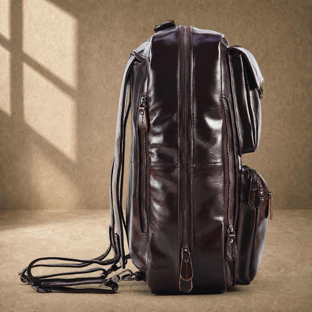 Coffee leather convertible briefcase opposite side zipper view