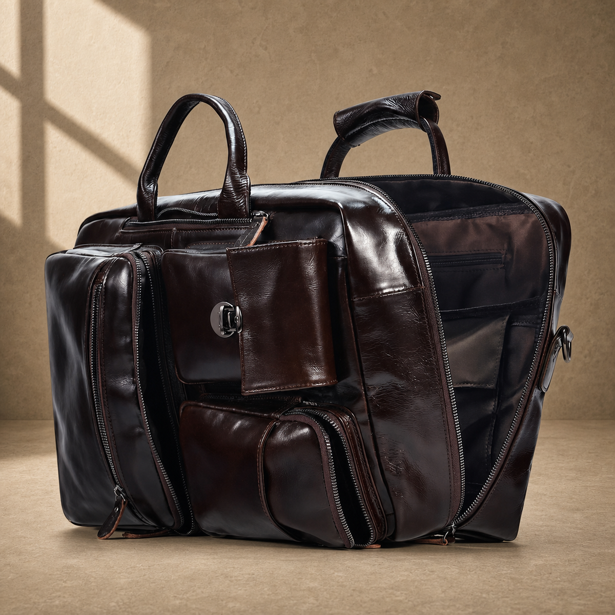 Coffee leather convertible briefcase open compartment view