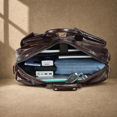 Coffee leather convertible briefcase packed capacity interior
