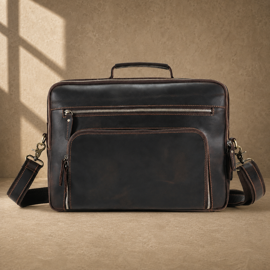 Coffee leather dual-zip business bag front view with shoulder strap