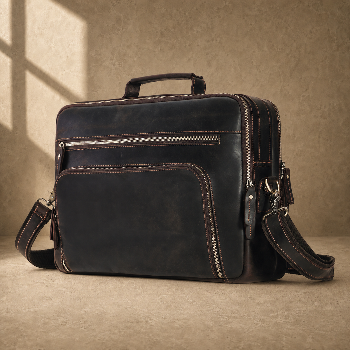 Coffee leather dual-zip business bag three-quarter front view