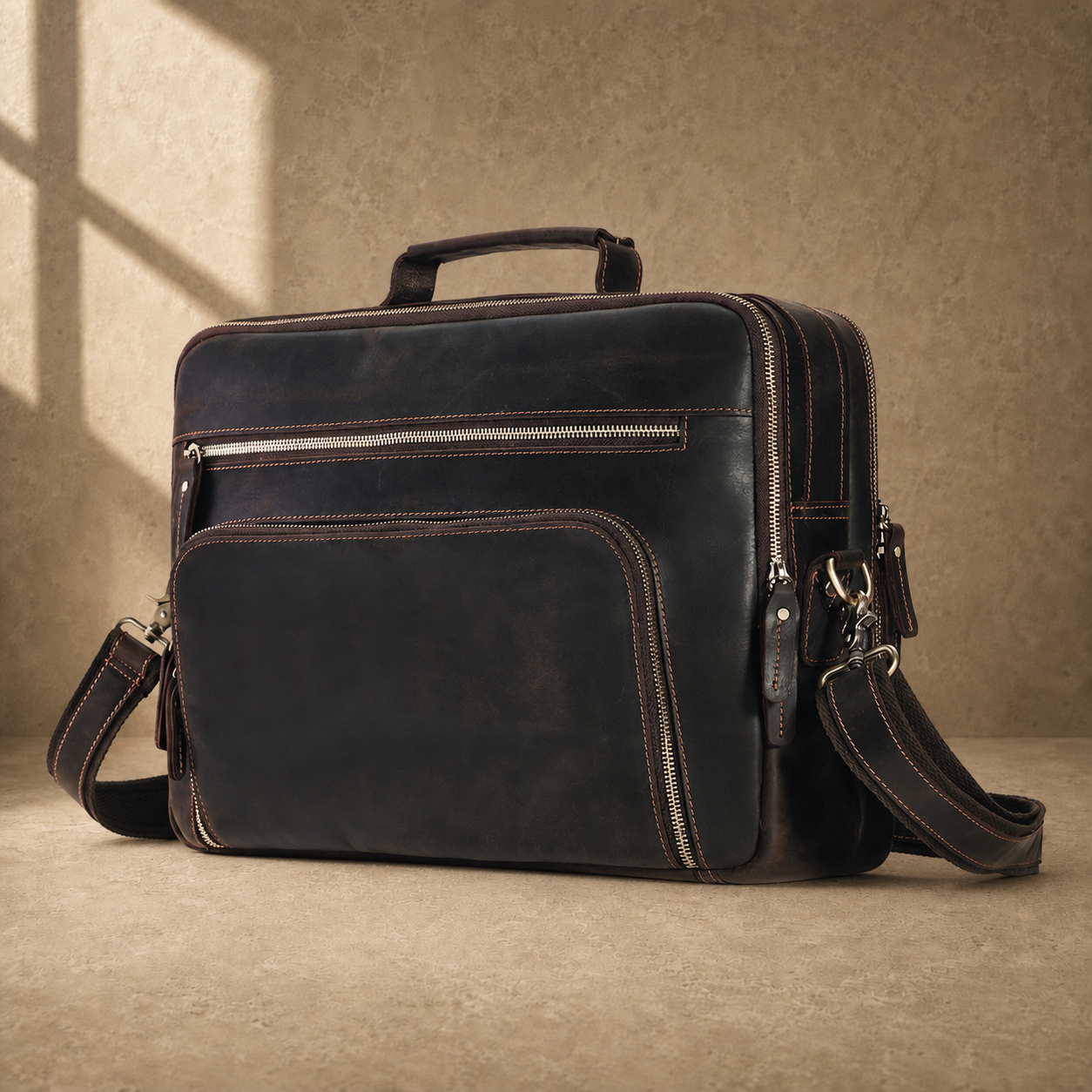 Coffee leather dual-zip business bag three-quarter front view