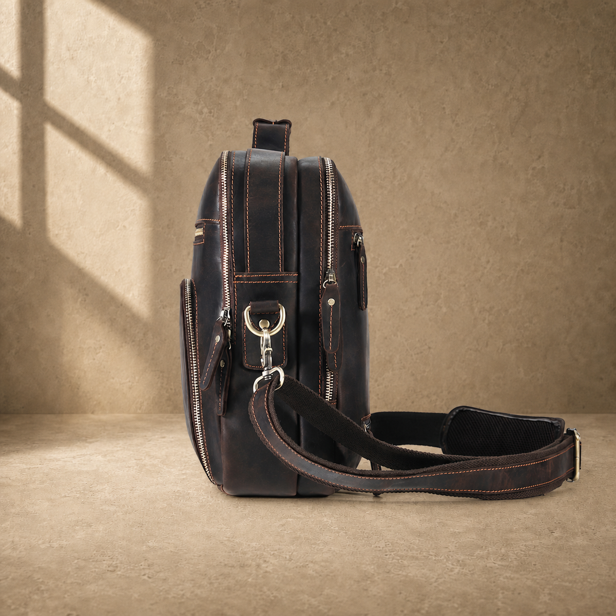 Coffee leather dual-zip business bag side profile
