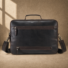 Coffee leather dual-zip business bag rear view