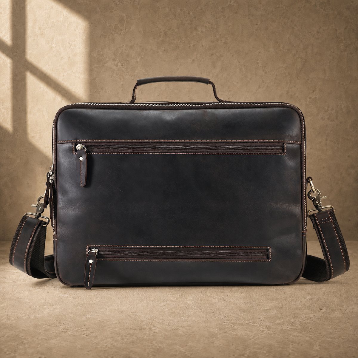 Coffee leather dual-zip business bag rear view