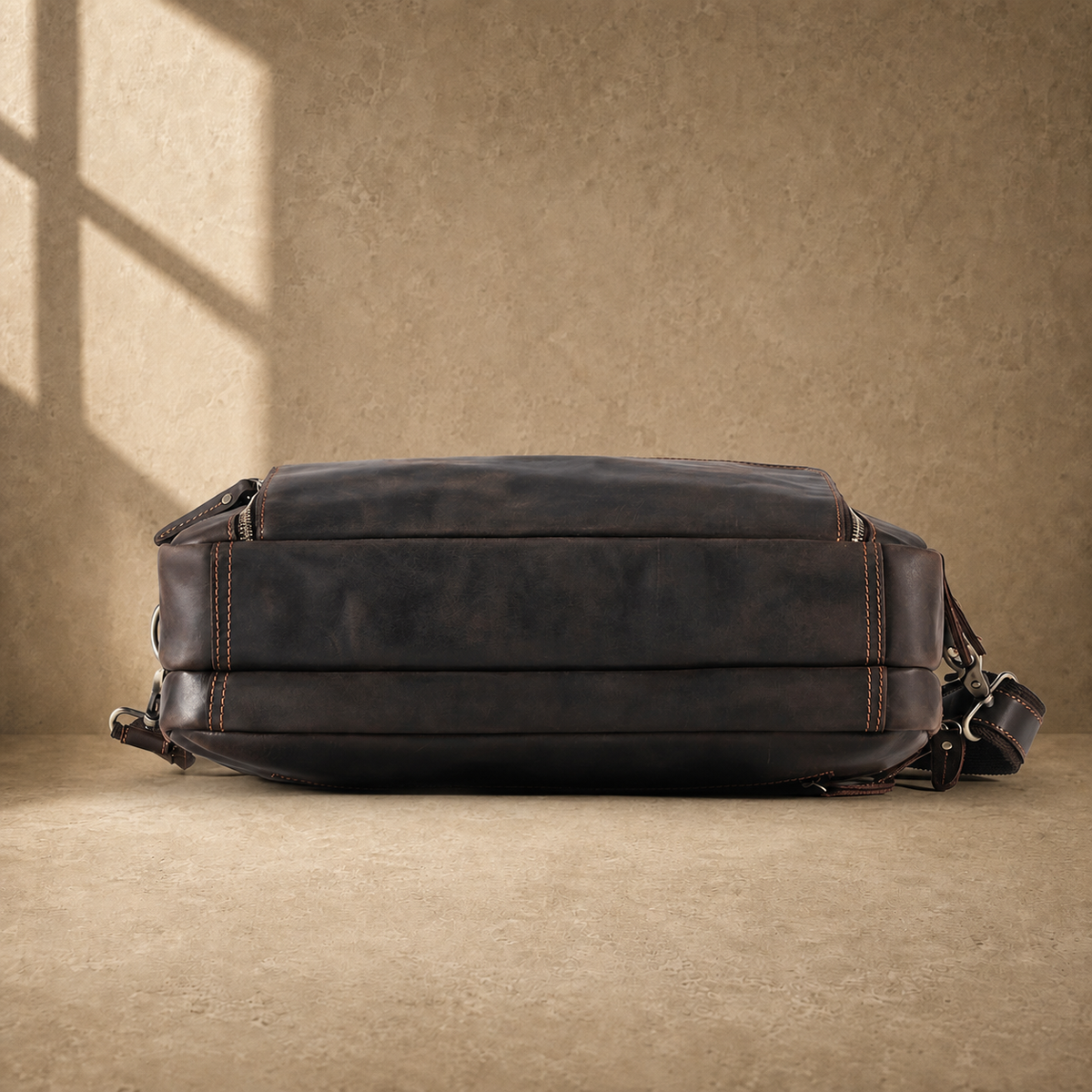 Coffee leather dual-zip business bag reinforced base view