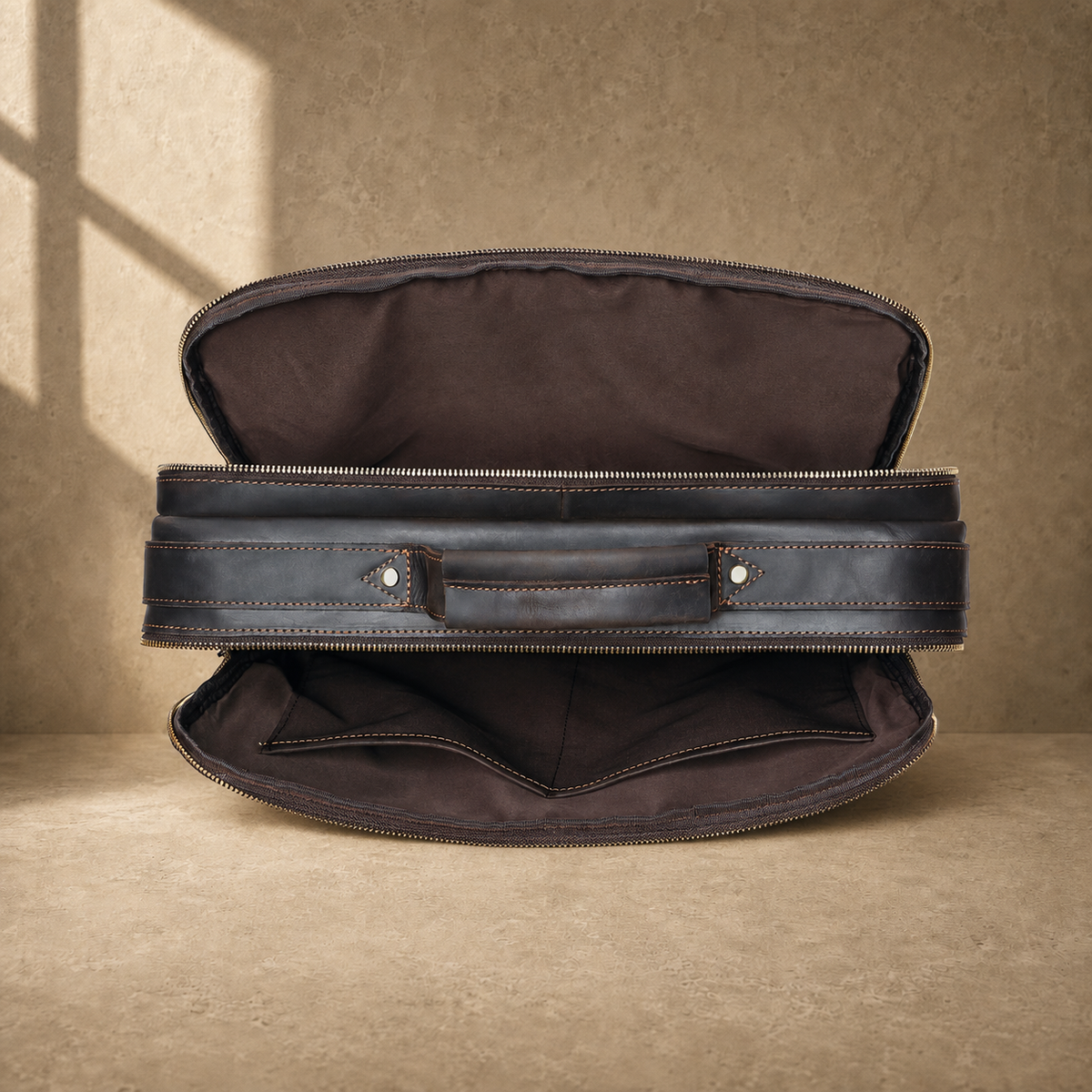 Coffee leather dual-zip business bag empty compartment interior