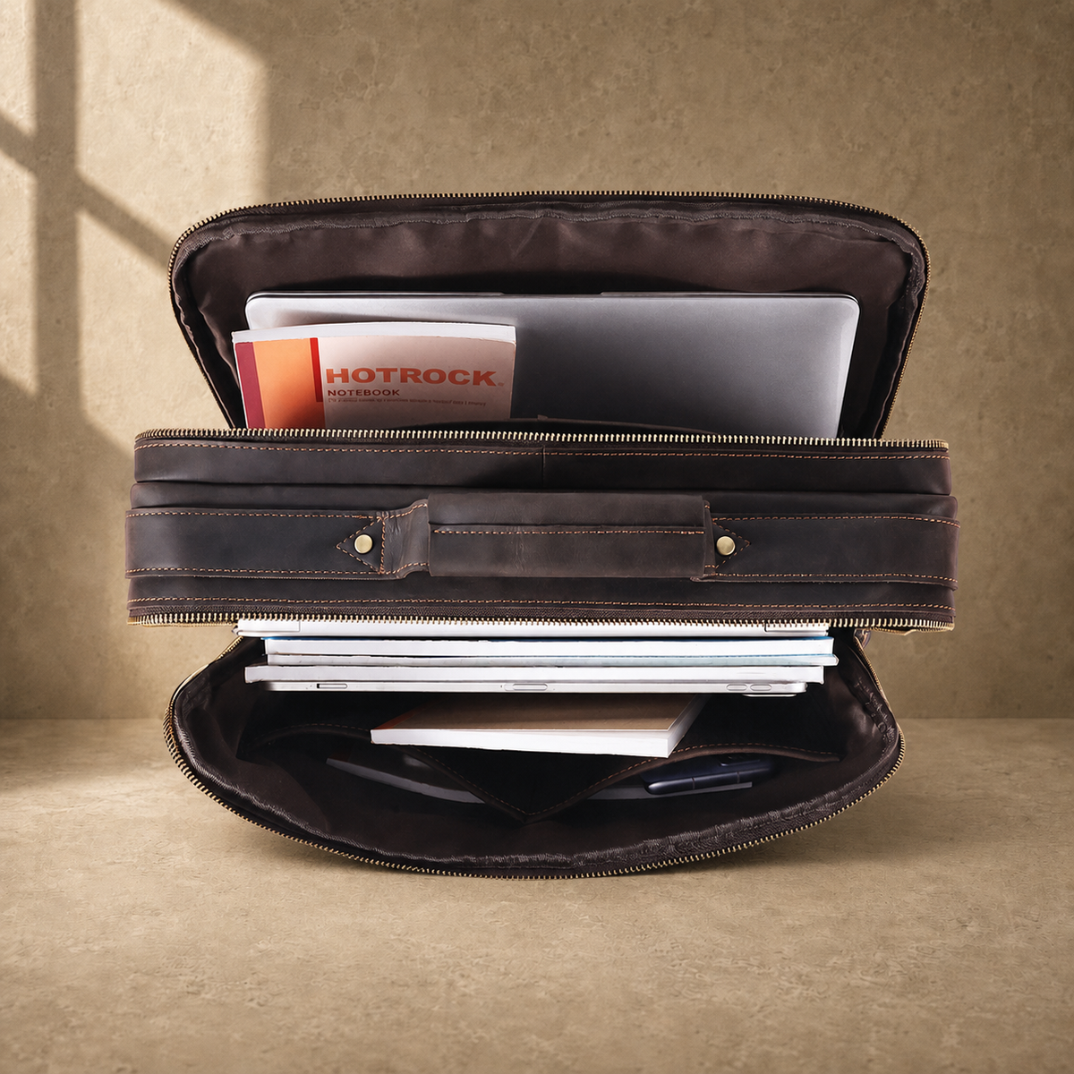 Coffee leather dual-zip business bag packed laptop capacity