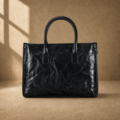 Black vegetable-tanned leather work briefcase front view