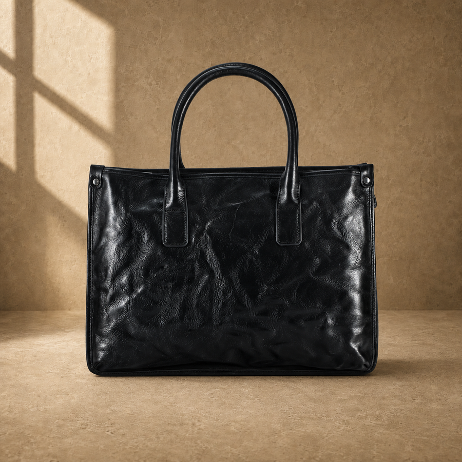 Black vegetable-tanned leather work briefcase front view