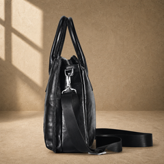 Black vegetable-tanned leather work briefcase side profile