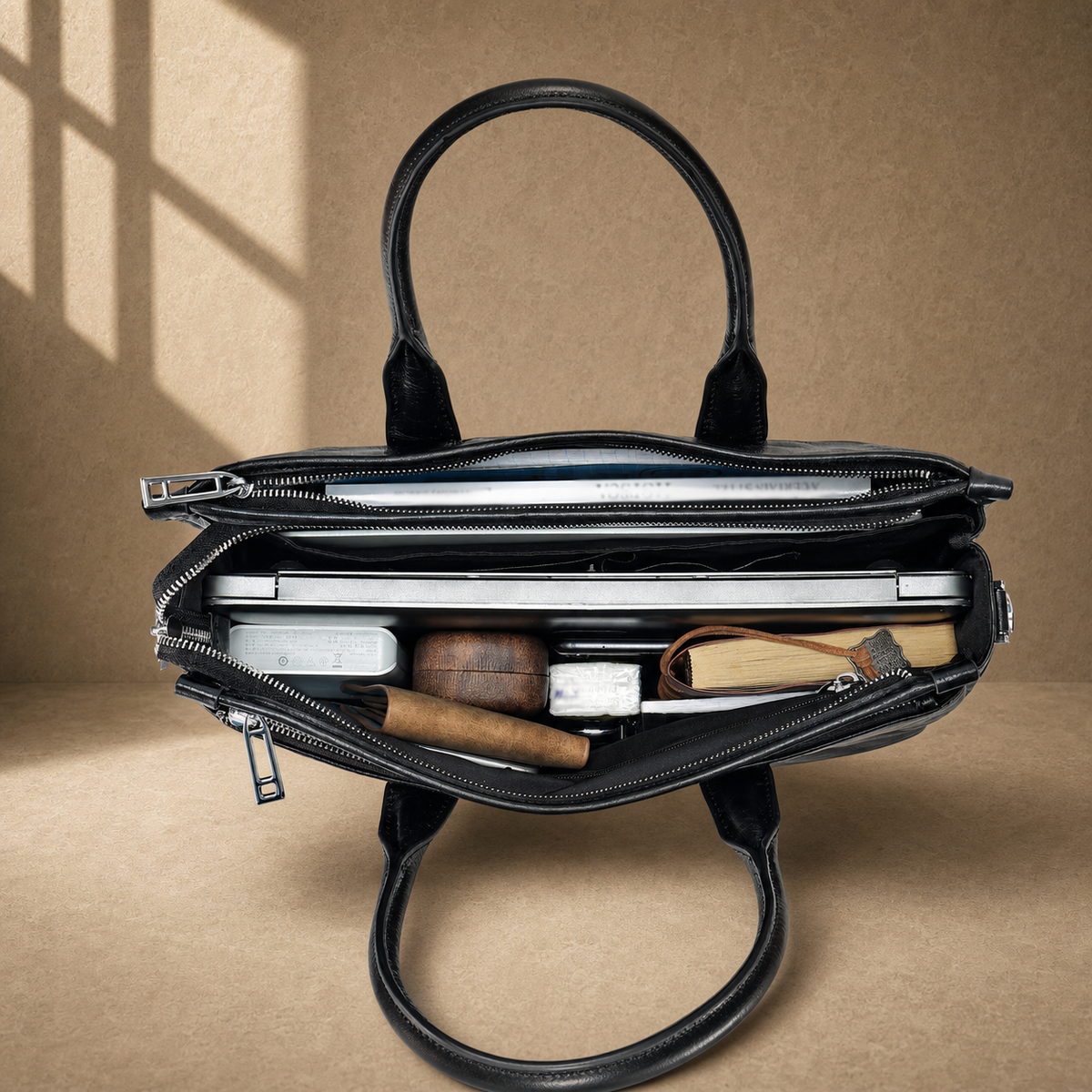 Black vegetable-tanned leather work briefcase packed laptop capacity