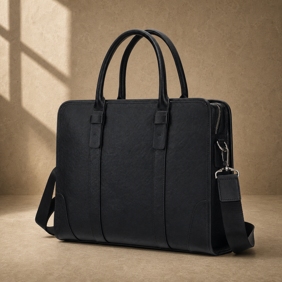 Black vegetable-tanned leather briefcase, three-quarter front view
