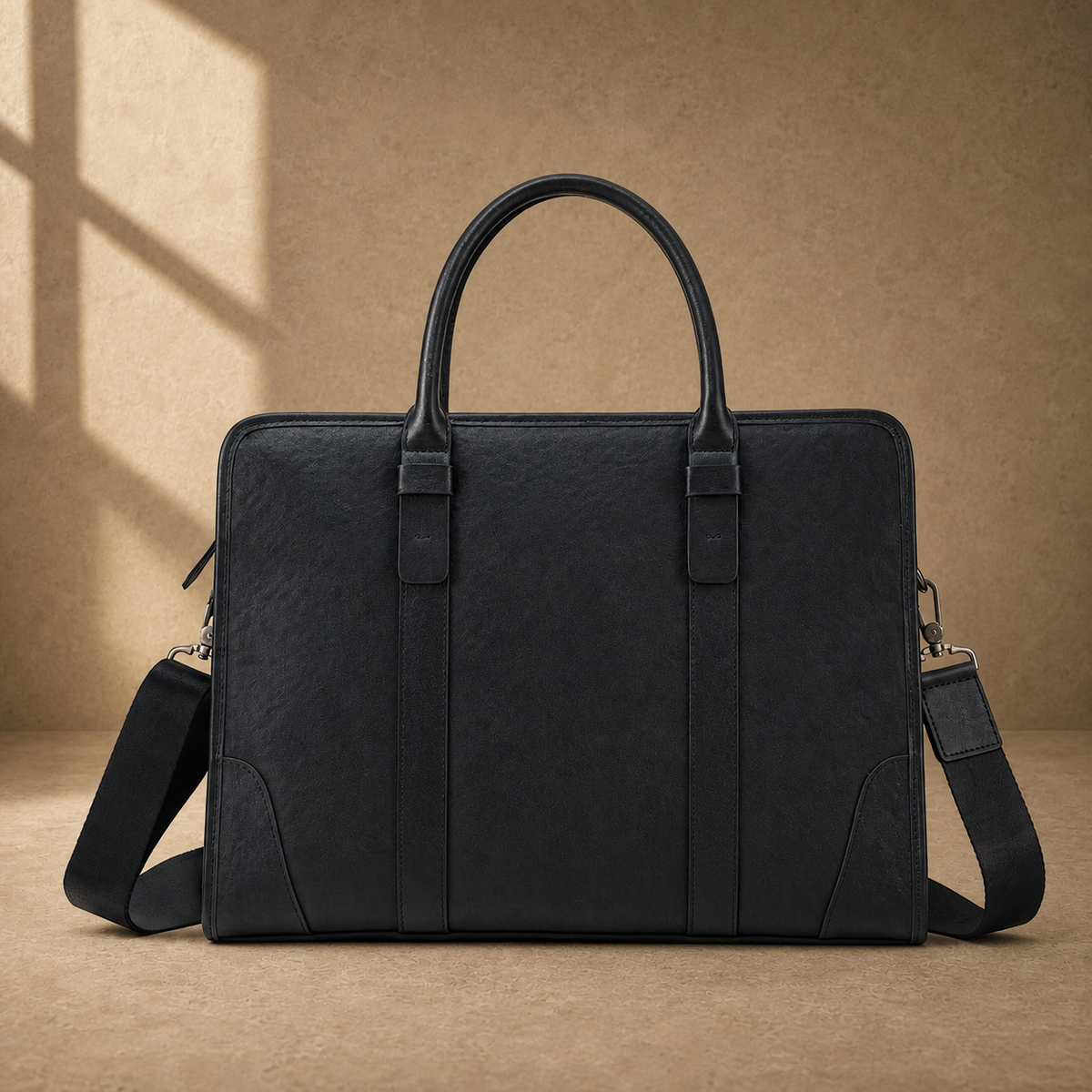 Black vegetable-tanned leather briefcase, front view with shoulder strap