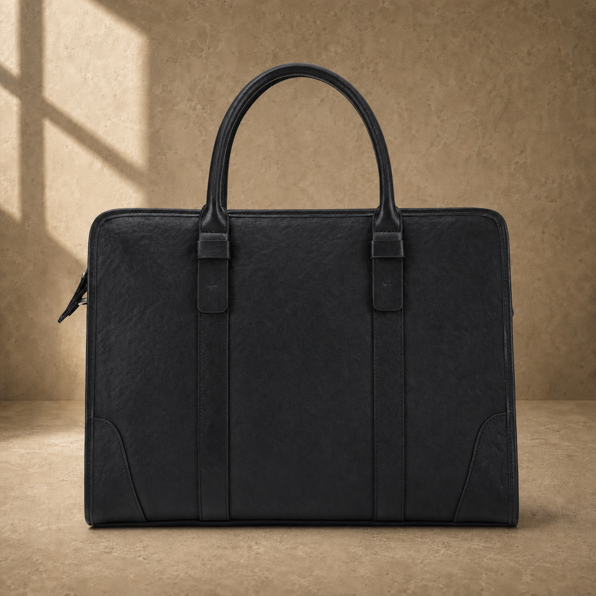 Black vegetable-tanned leather briefcase, straight rear view