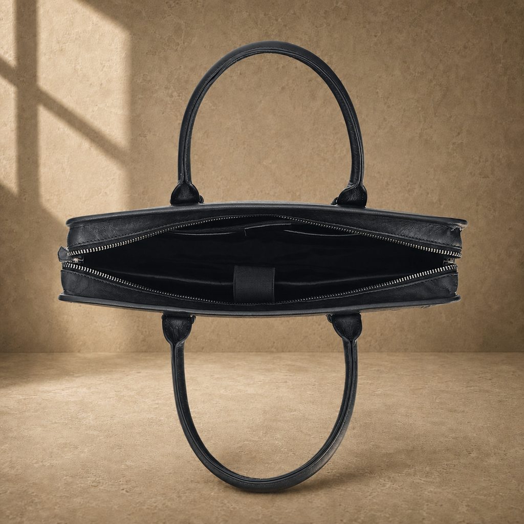 Black vegetable-tanned leather briefcase, open empty interior