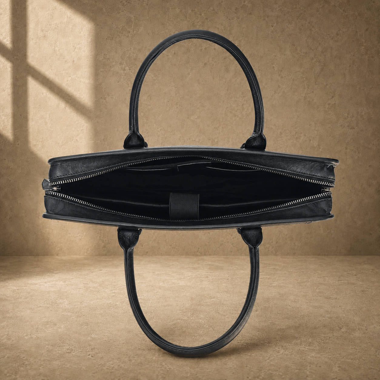 Black vegetable-tanned leather briefcase, open empty interior