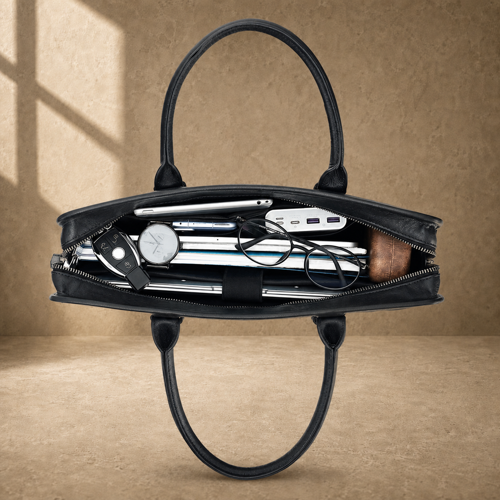 Black vegetable-tanned leather briefcase, packed capacity view
