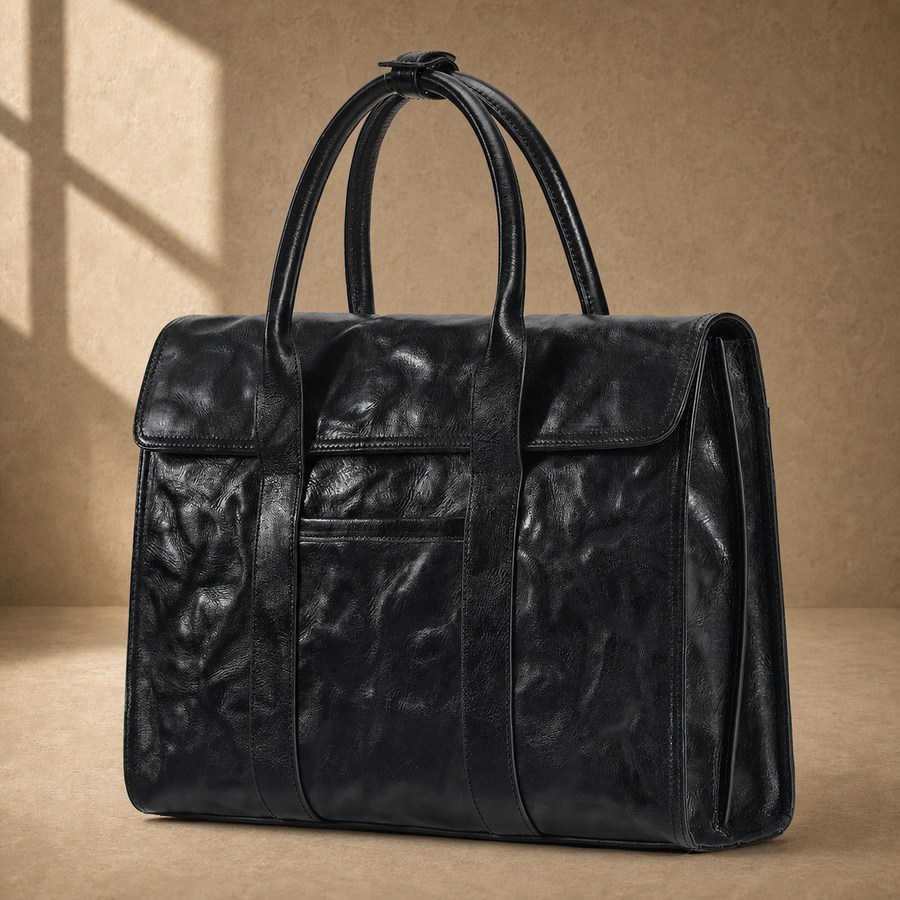 Black wrinkled leather briefcase, three-quarter front view