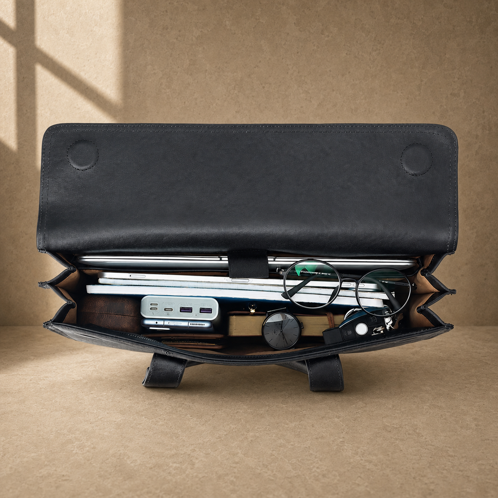 Black wrinkled leather briefcase, packed interior capacity view