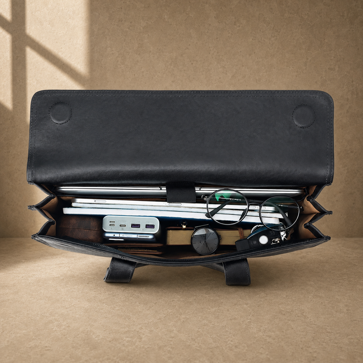 Black wrinkled leather briefcase, packed interior capacity view