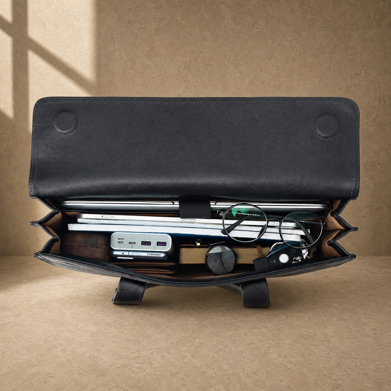 Black wrinkled leather briefcase, packed interior capacity view