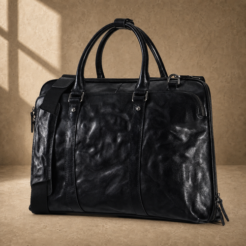 Black leather 17-inch work briefcase, three-quarter front view