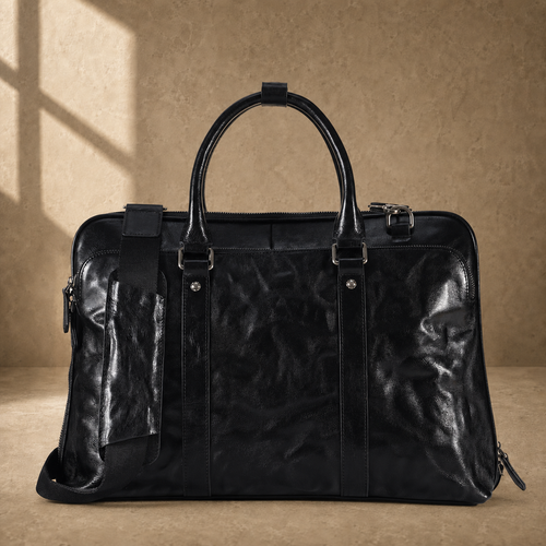 Black leather 17-inch work briefcase, front view with shoulder strap