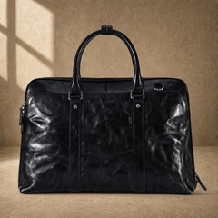 Black leather 17-inch work briefcase, clean straight front view