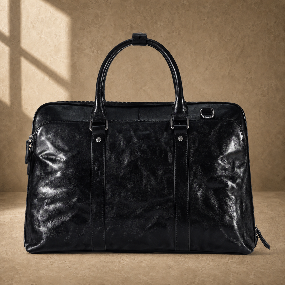 Black leather 17-inch work briefcase, clean straight front view