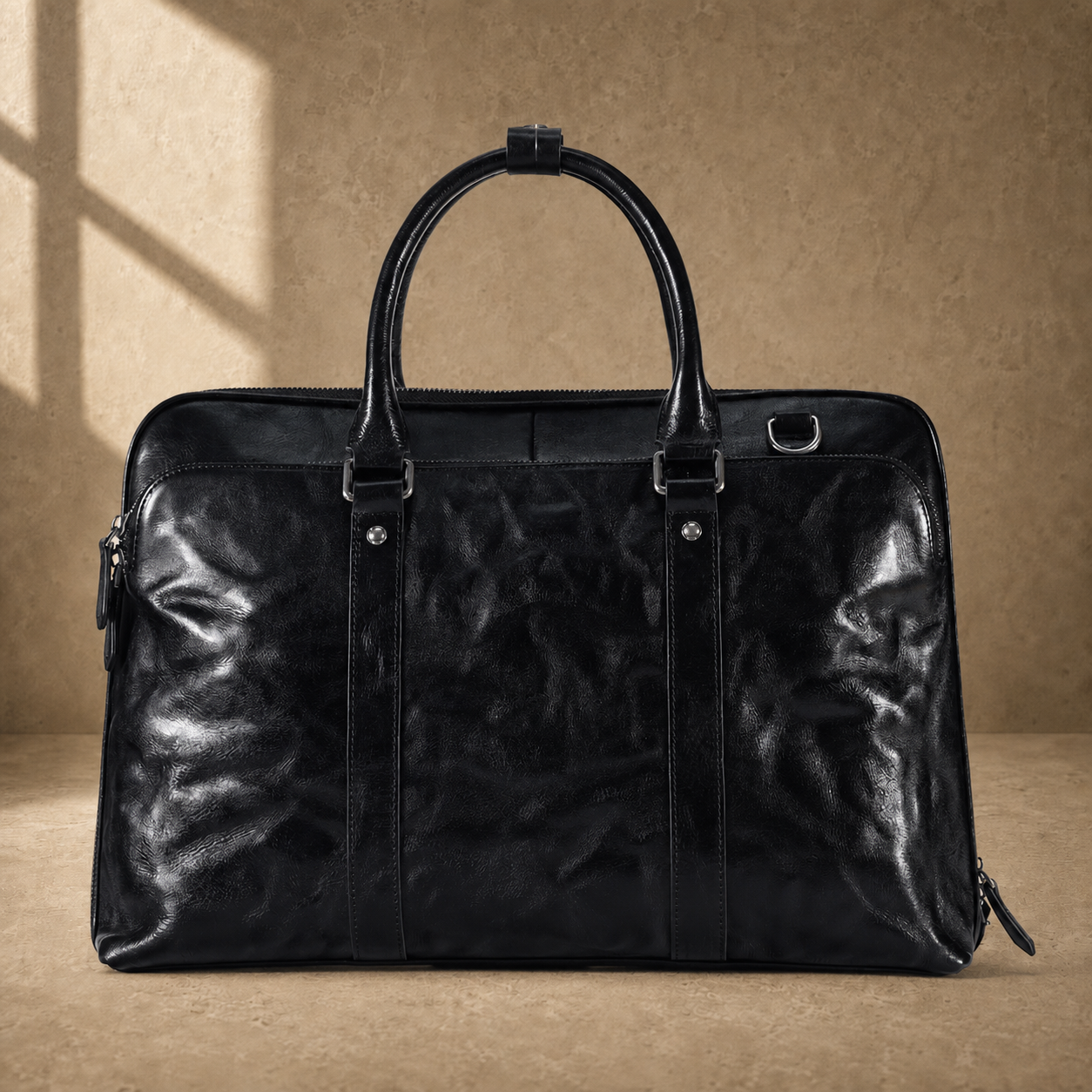 Black leather 17-inch work briefcase, clean straight front view
