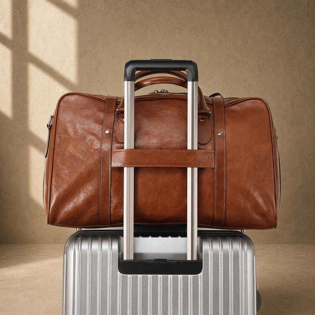 Chestnut cowhide executive weekender secured to suitcase handle