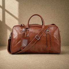Chestnut cowhide executive weekender with shoulder strap, front view