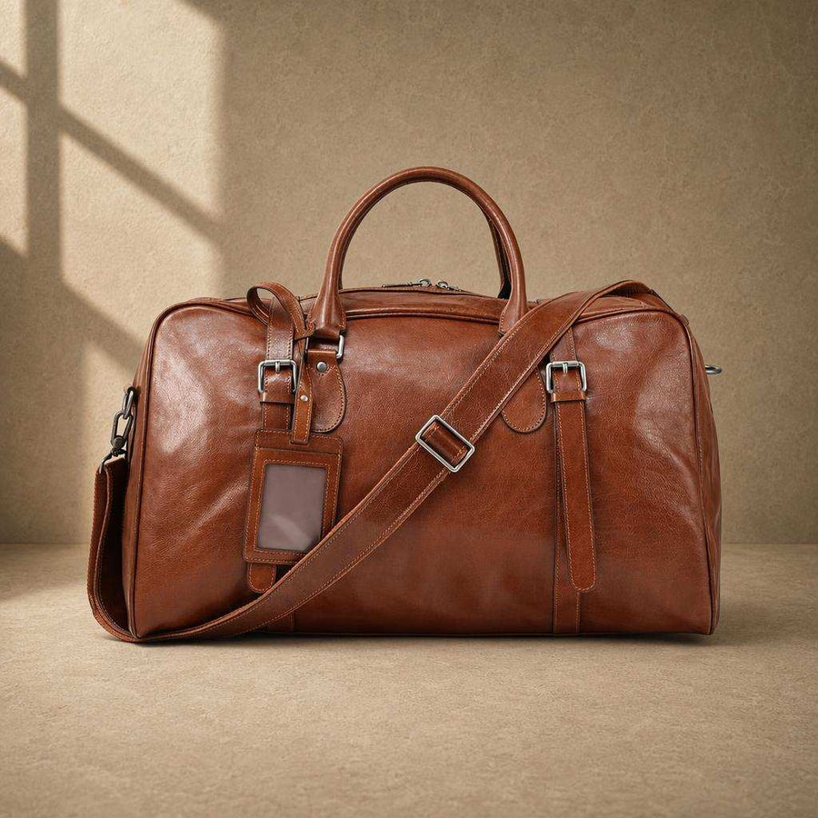 Chestnut cowhide executive weekender with shoulder strap, front view