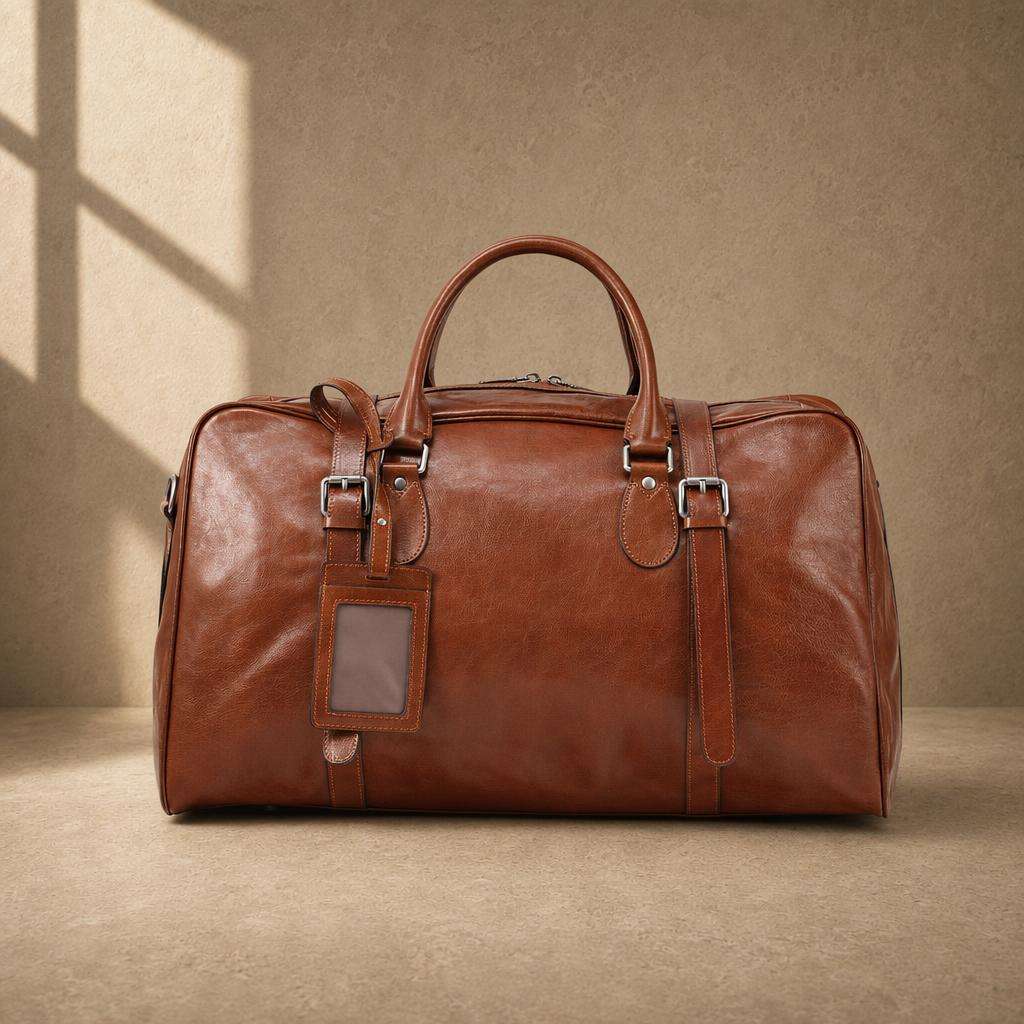 Chestnut cowhide executive weekender with luggage tag, front view