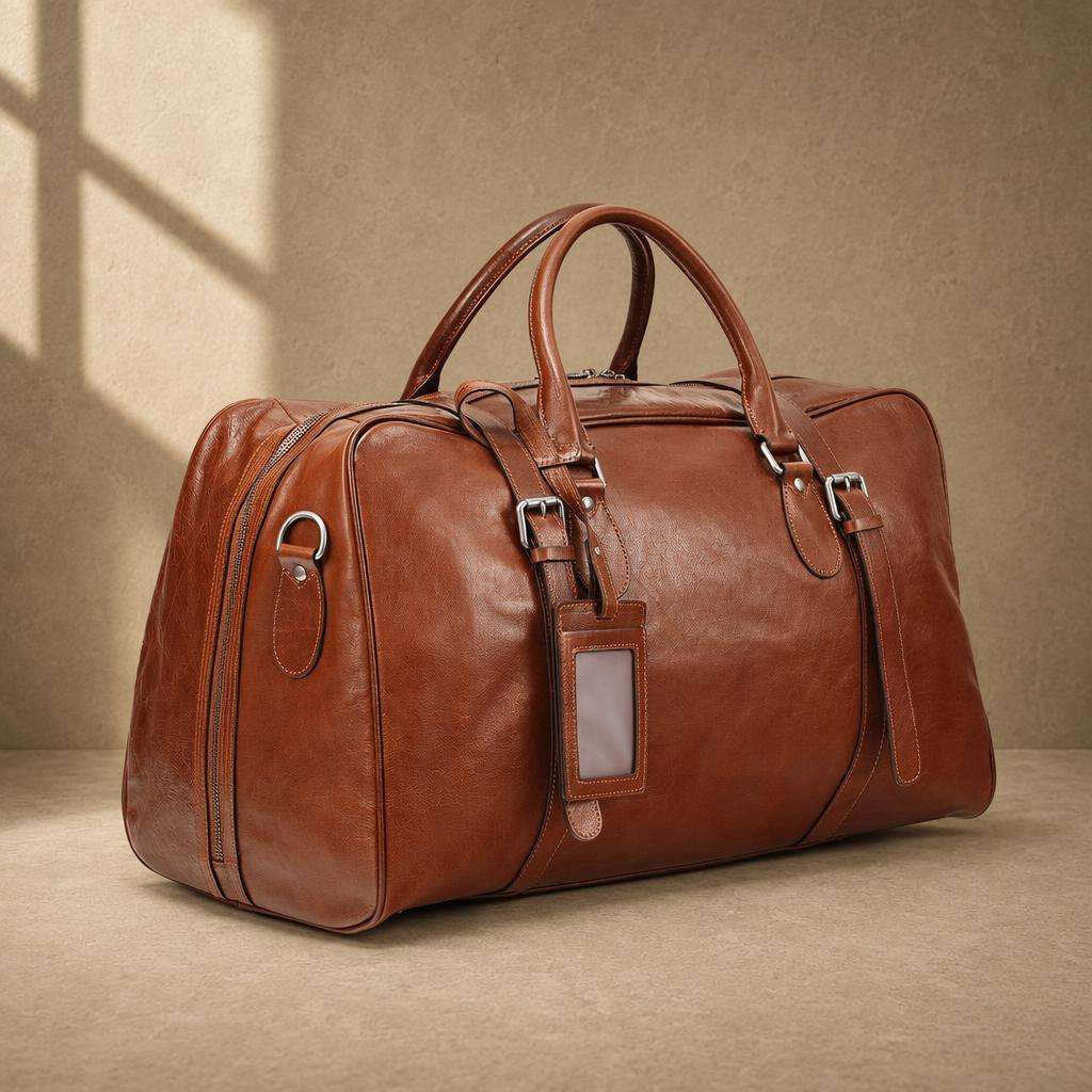 Chestnut cowhide executive weekender, three-quarter view