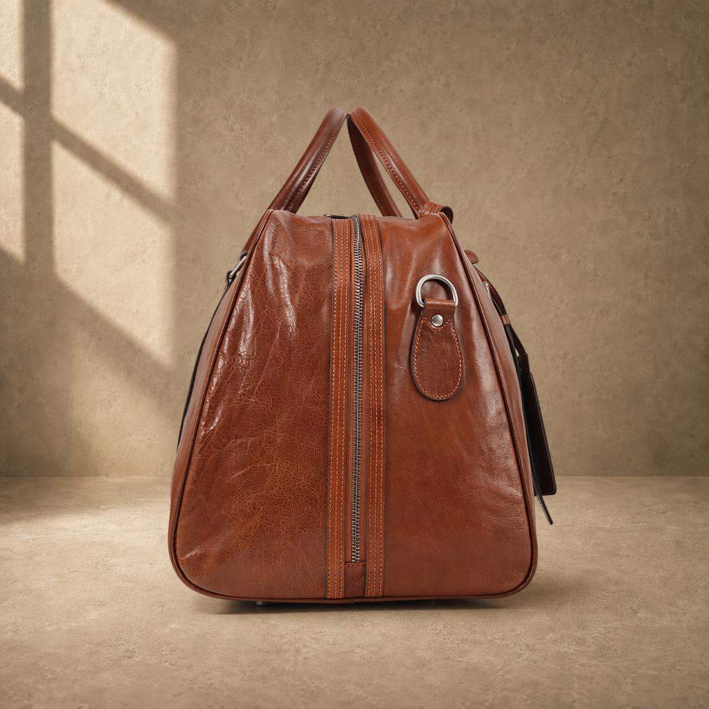 Chestnut cowhide executive weekender, side profile